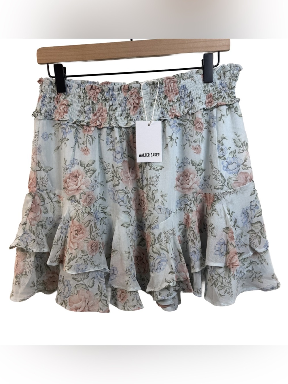 Walter Baker Cora Rose Tiered mini Skirt in Pale Blue with Pink Roses NWT
